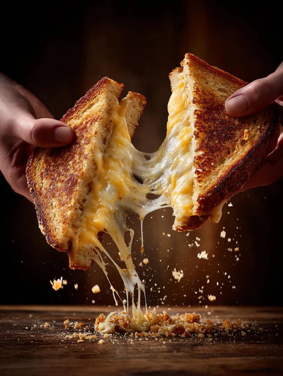 Cinematic close-up of grilled cheese halves being pulled apart with melted cheese stretching between them