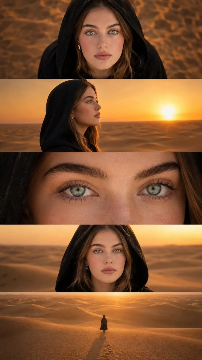 Cinematic Multi-Panel Character Collage: social media prompt preview with platform-ready composition and clear design.