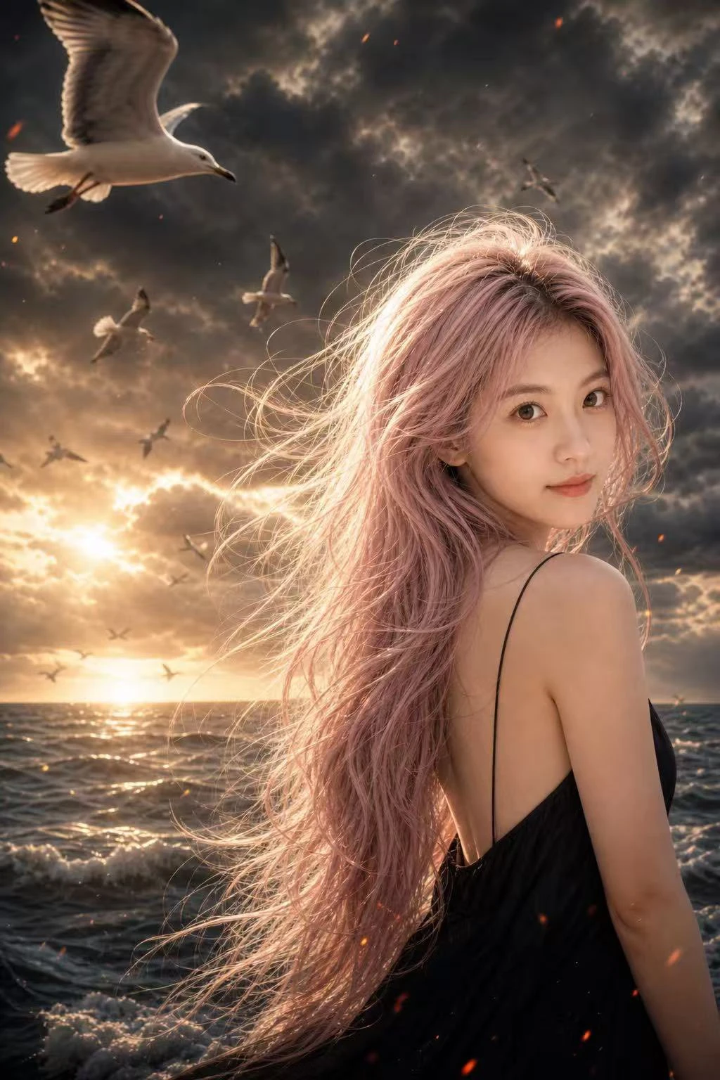 A woman with long, windblown pastel pink hair gazes back over her shoulder, set against a stormy seaside with dramatic clouds and seagulls