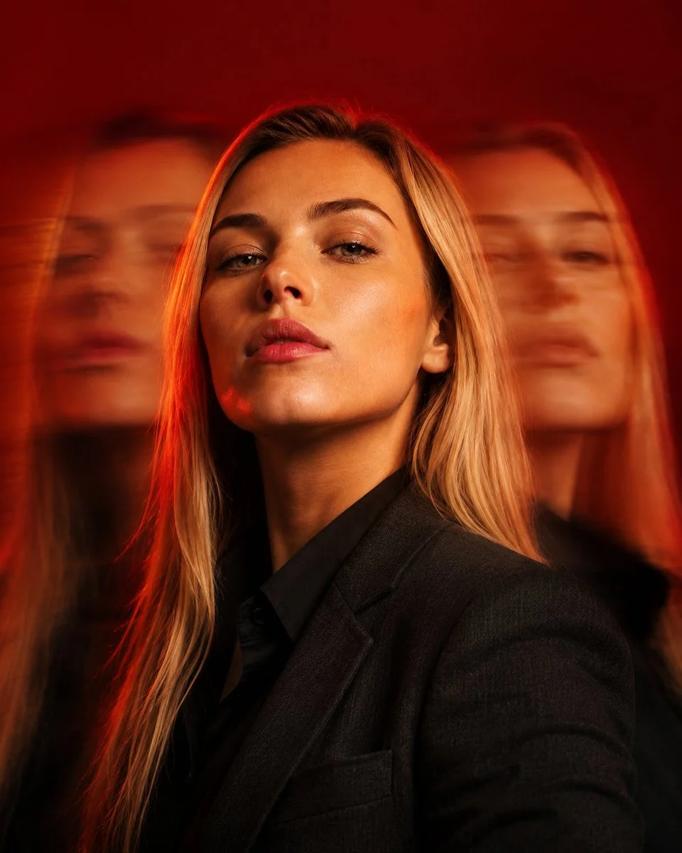 A cinematic triple exposure portrait features a woman in a charcoal blazer against a rich crimson background, exuding calm determination.
