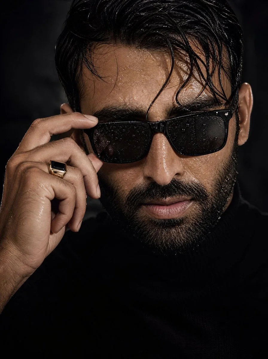 A close-up portrait of a confident young man with wet skin and hair, wearing black sunglasses while adjusting the frame with one hand.