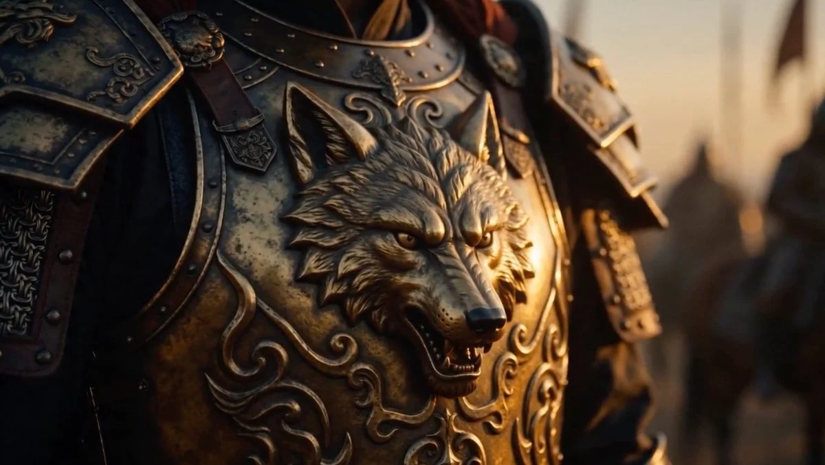 Close view of ornate bronze wolf armor with engraved metalwork and warm cinematic light