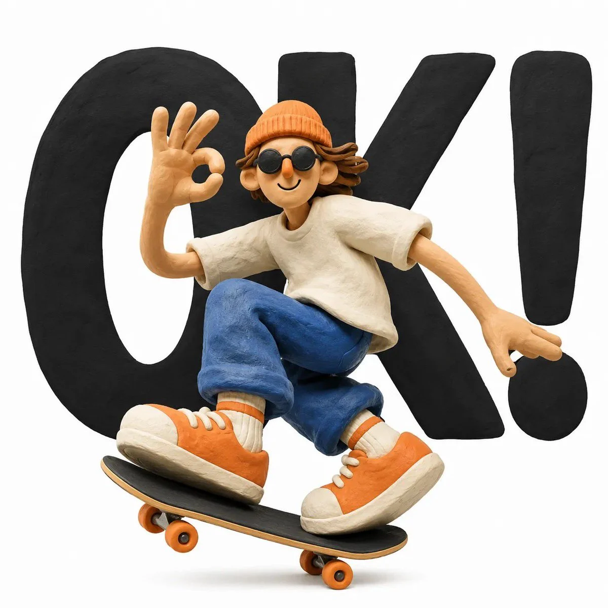 Whimsical handcrafted clay stop-motion character standing before giant bold typography on white