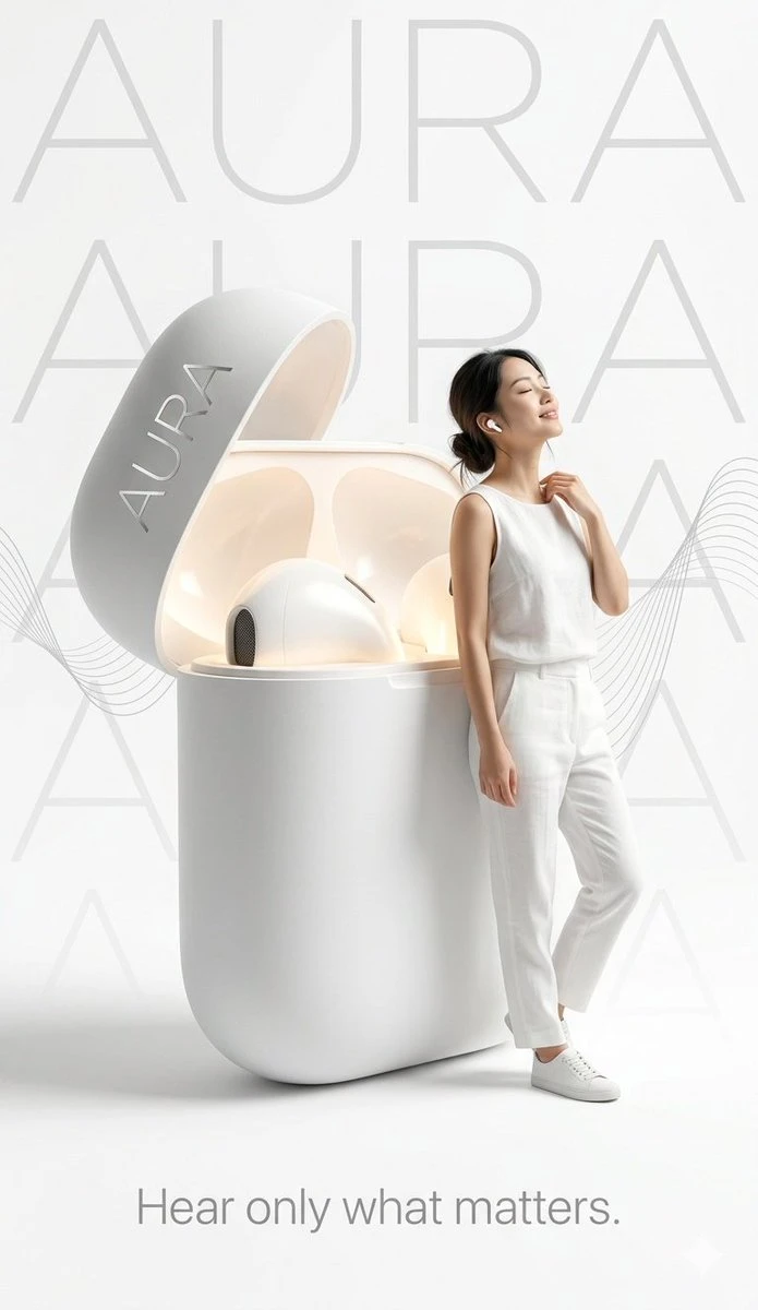A stylish young woman in a white outfit enjoys music beside a giant glowing white earbud labeled "AURA" against a minimalist background