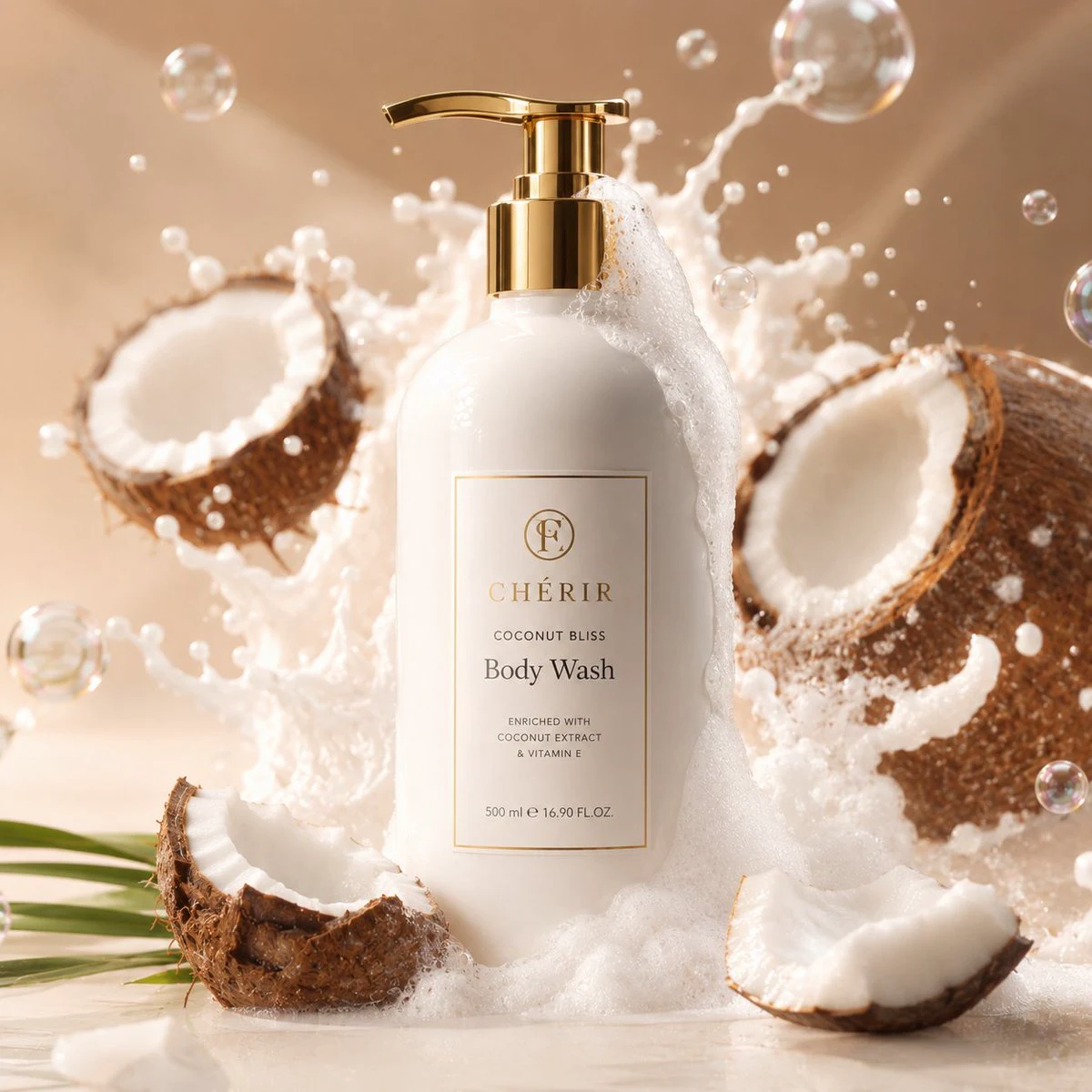 Luxury coconut skincare ad with white pump bottle, cracked coconuts, milk splash and tropical spa atmosphere