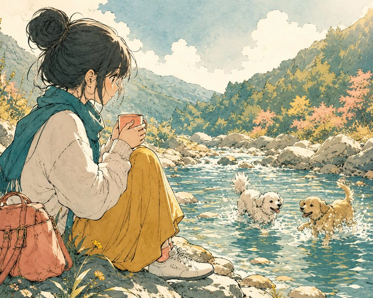 A girl holding a coffee sits by a river, watching two dogs play in the water, surrounded by a serene valley landscape