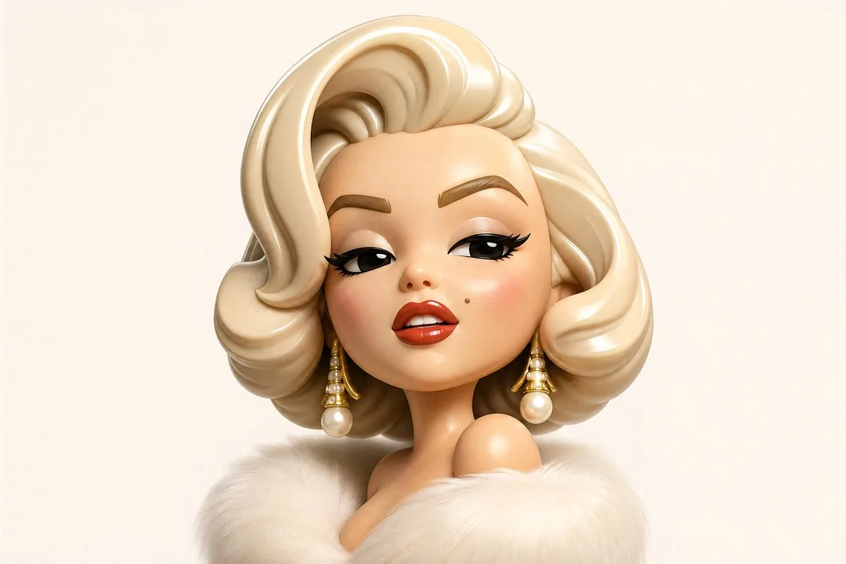 Collectible 3D blonde avatar with pearl earrings and a white fur stole poses against a clean cream background