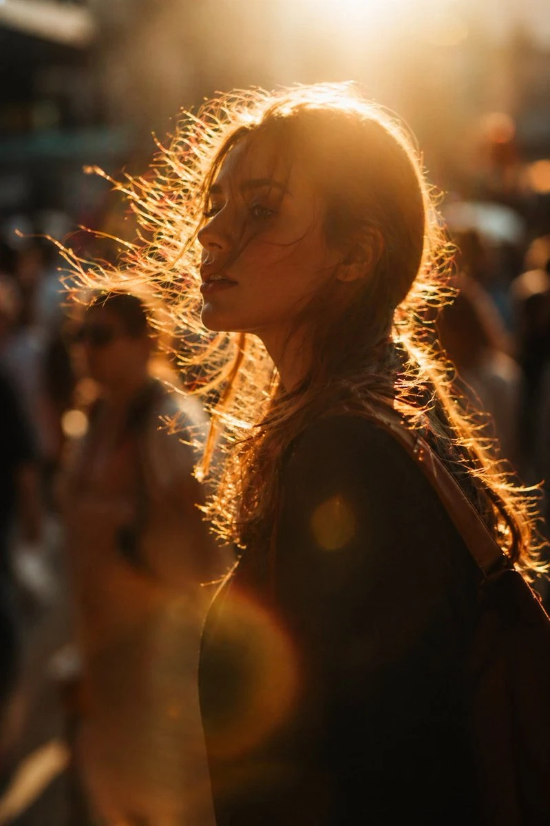 A woman with flowing hair stands in sunlight, surrounded by a blurred crowd.