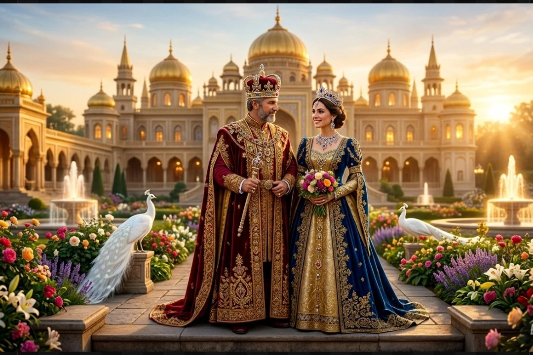 Royal couple posing before a colorful palace at sunrise with flowers, peacocks and golden domes