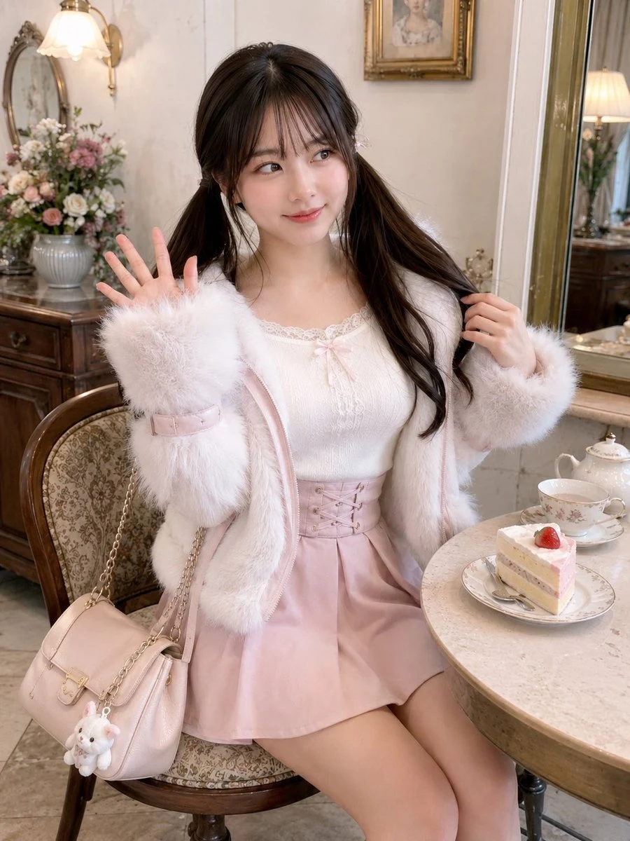 Coquette-style tea room portrait with soft feminine styling, delicate decor, and warm vintage cafe atmosphere.