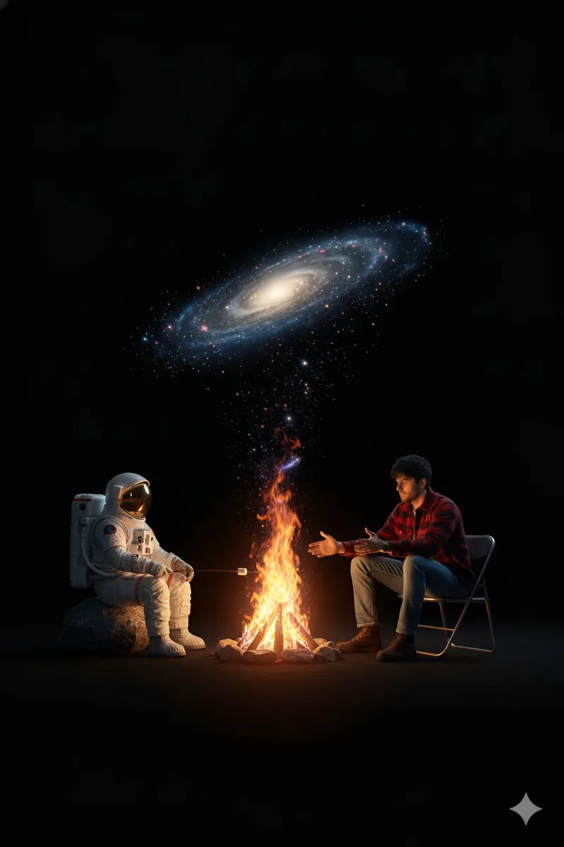 Astronaut and young man sit by a campfire in a black cosmic void as flames rise into a spiral galaxy