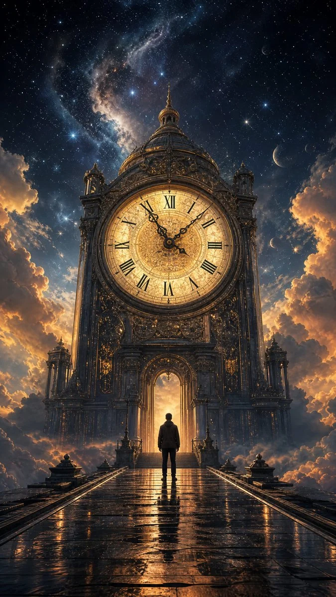 Cosmic Clock Tower Fantasy with sequential storytelling, expressive character design and cinematic panel composition