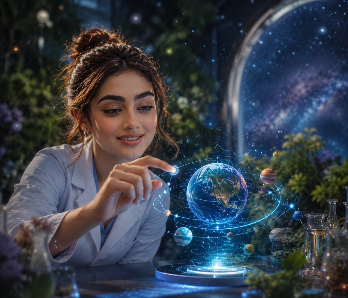 A young female scientist in a futuristic bio-cosmic garden interacts with a glowing holographic solar system projection at night