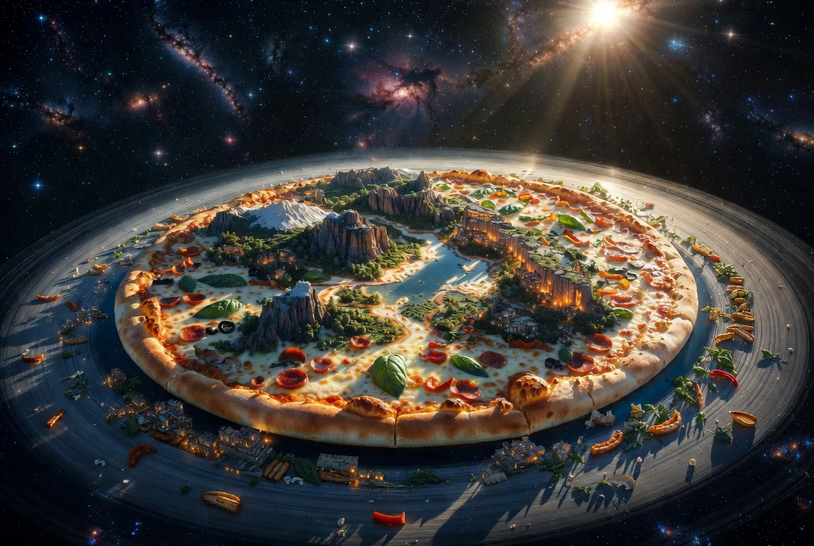 Cosmic Pizza Planet in Deep Space ad creative visual