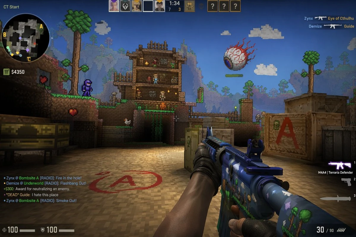A player holds a colorful weapon in a hybrid environment featuring elements from Counter-Strike and Terraria, with pixelated characters and structures