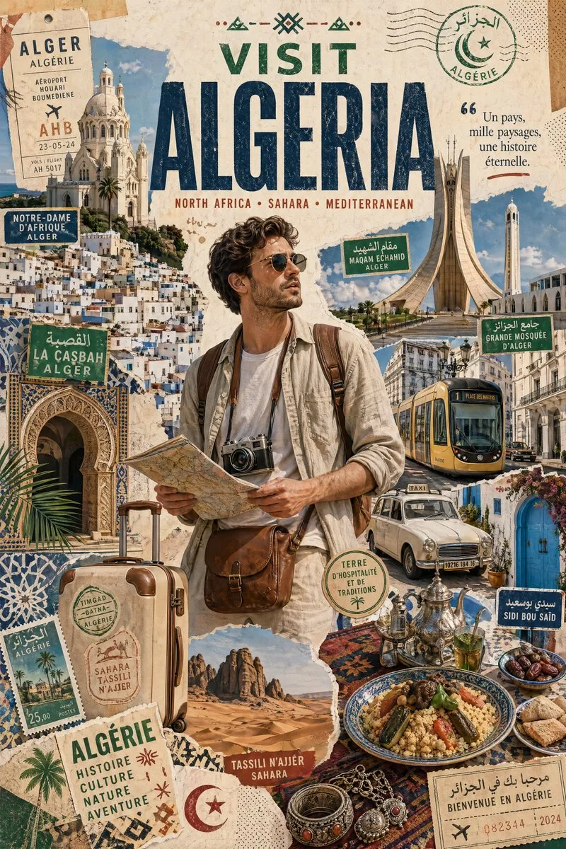 Country Stylized Travel Poster Collage poster with strong composition, typography hierarchy and finished illustration detail