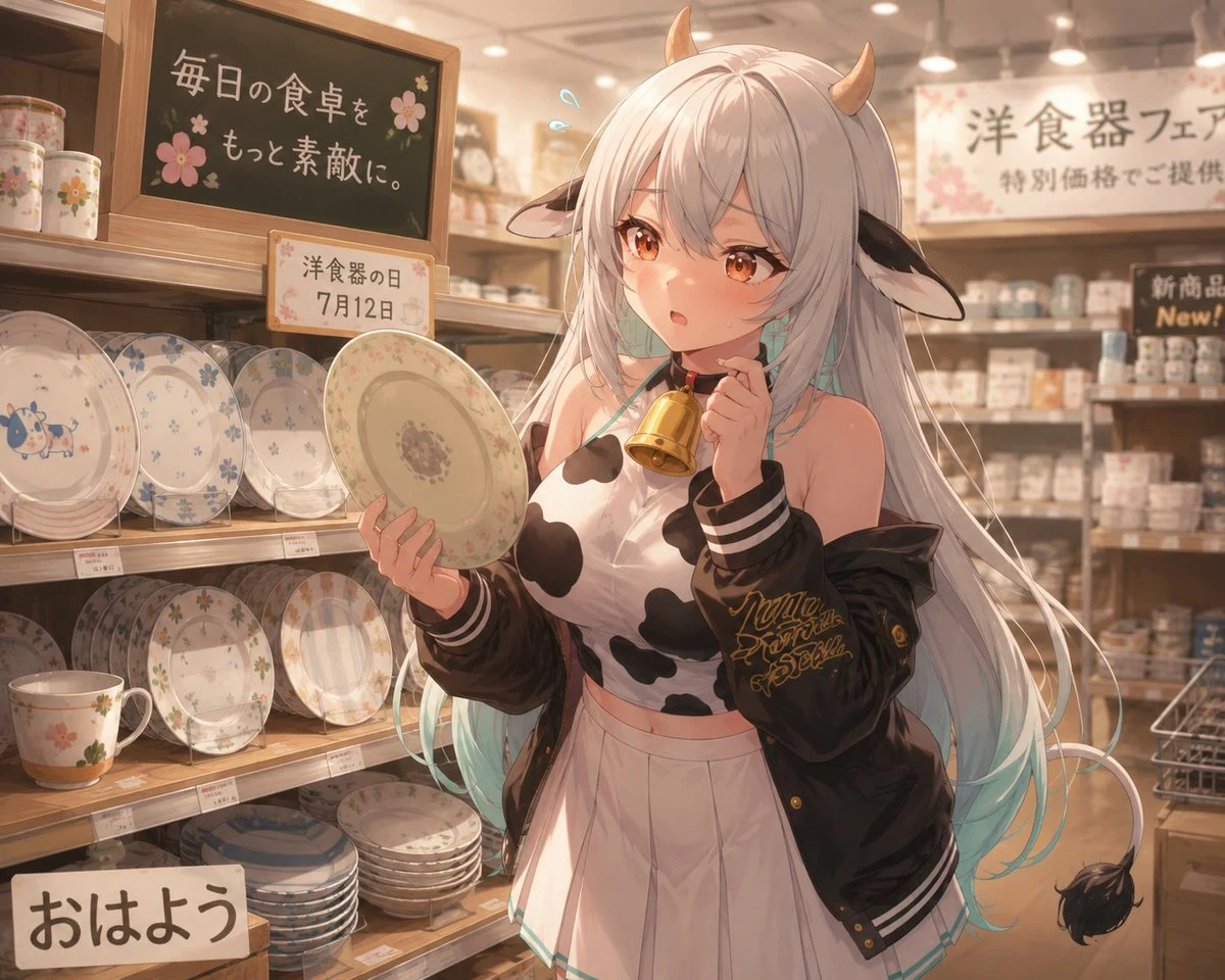 Cow Girl in Tableware Shop: social media prompt preview with platform-ready composition and clear design.