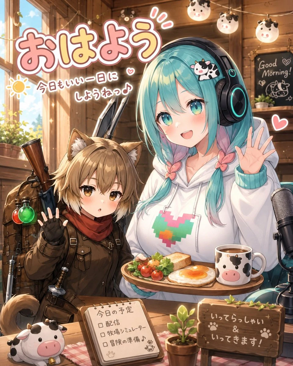 Cozy anime morning livestream scene with two characters at a cafe table and warm shop interior details