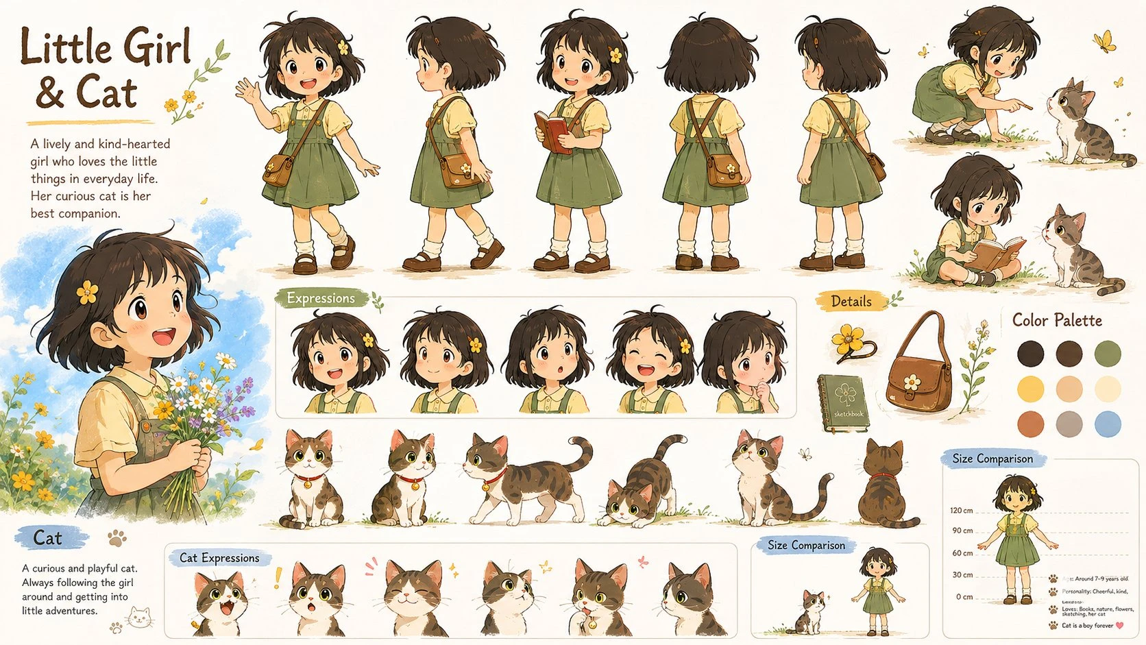 A watercolor anime character sheet for a little girl and tabby cat, including turnaround views, expressions, accessories, and color swatches