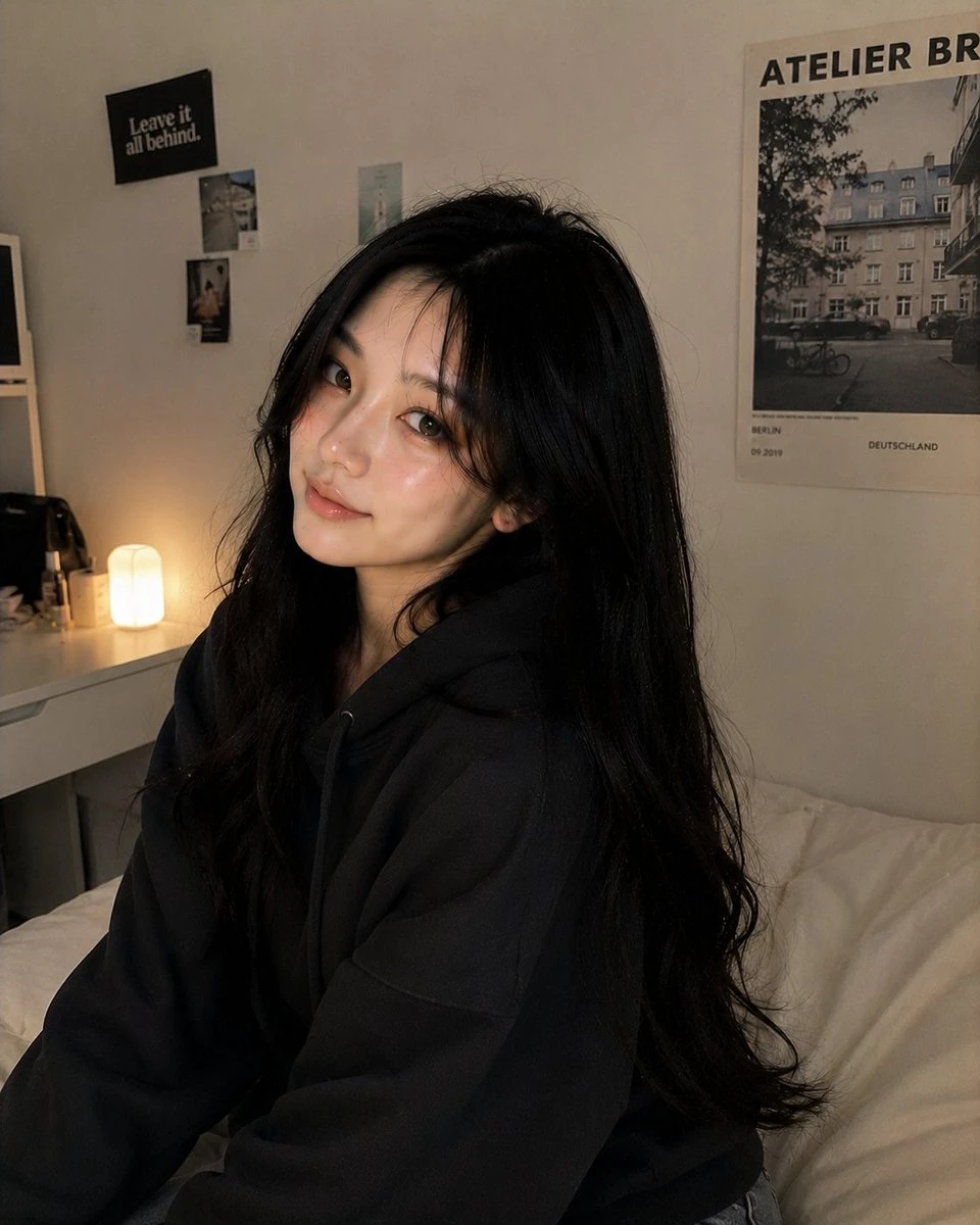 A girl with long black hair smiles gently while sitting on a cream-colored bed in a cozy, dimly lit bedroom.