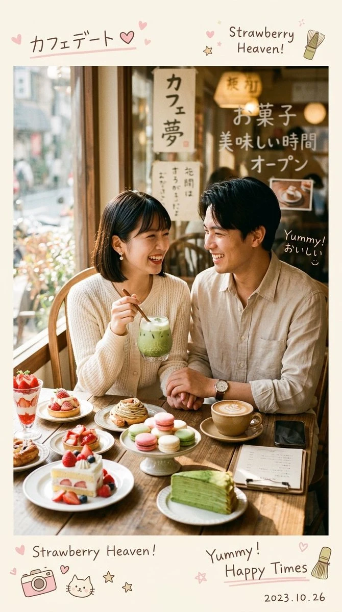 A young couple smiles at each other while enjoying an array of desserts and drinks in a cozy café filled with soft lighting and aesthetic details
