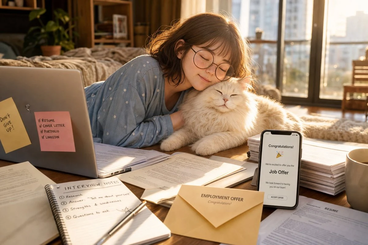 Cozy lifestyle scene celebrating a job offer, with warm interior light, relaxed styling, and joyful social-media energy.