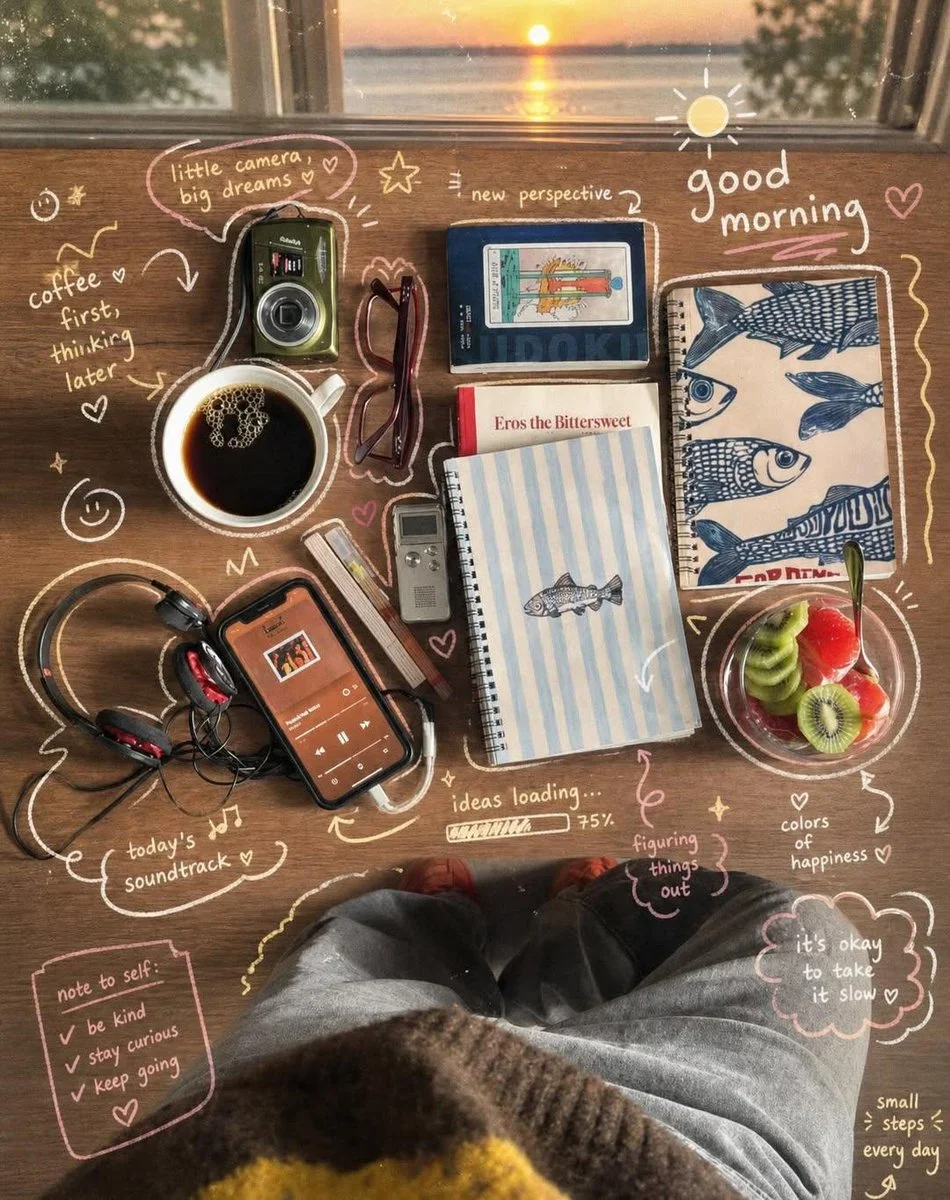 Cozy Sunrise Desk Flatlay ui mockup GPT Image 2 prompt example