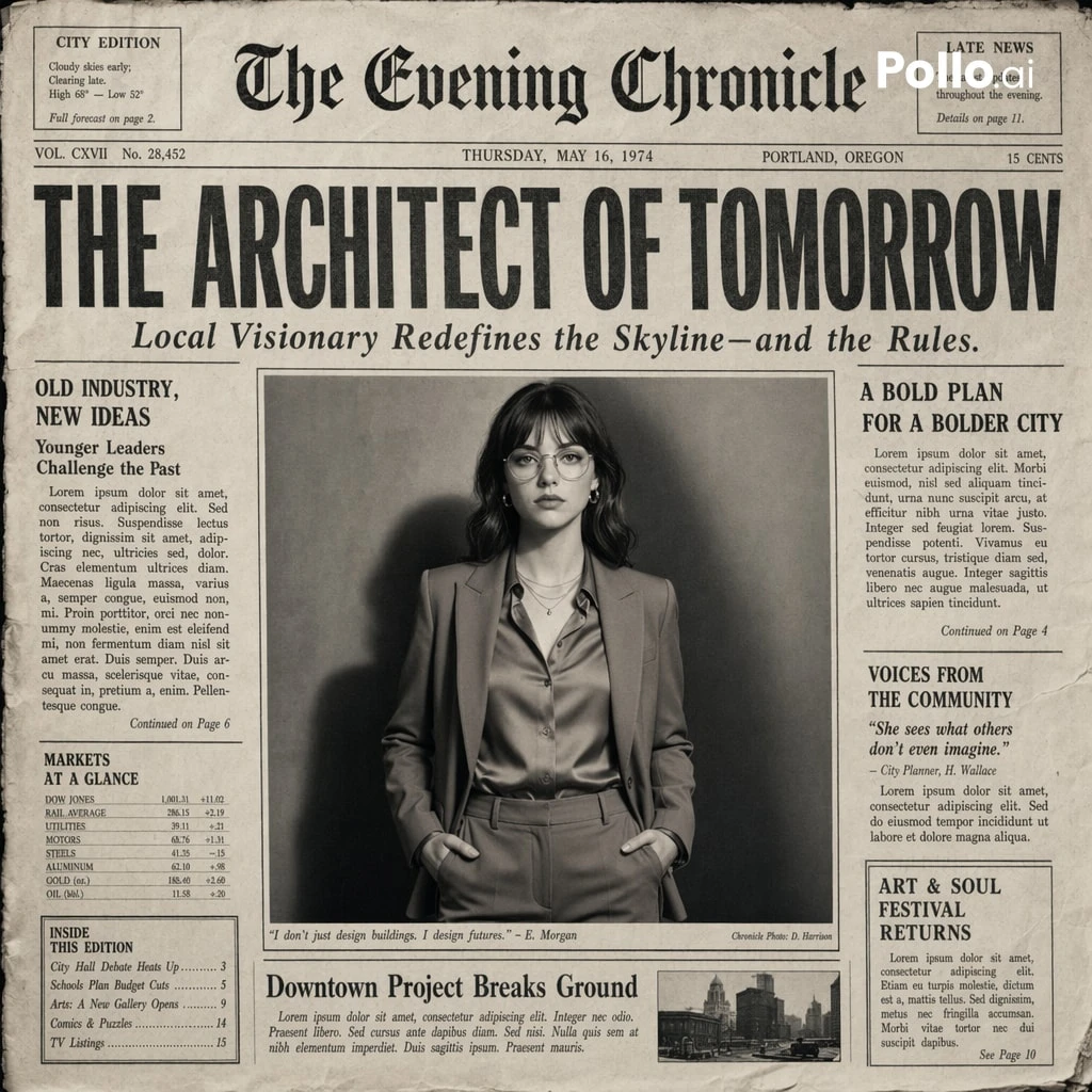 The front page of a vintage newspaper features a central portrait of a woman in a suit, with a bold headline and various newspaper elements in a cinematic black-and-white style