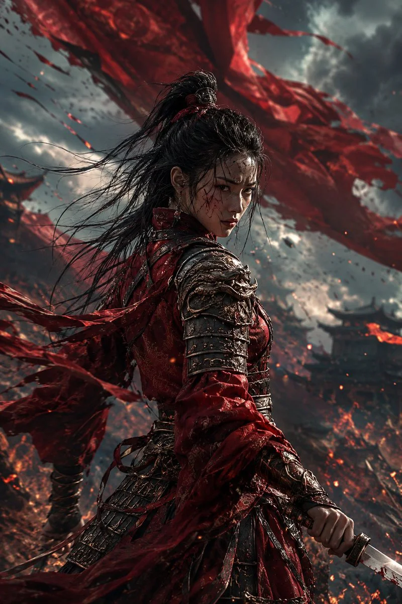 A cinematic dark fantasy portrait of an armored ancient female warrior amid fire, smoke, torn banners, and storm clouds