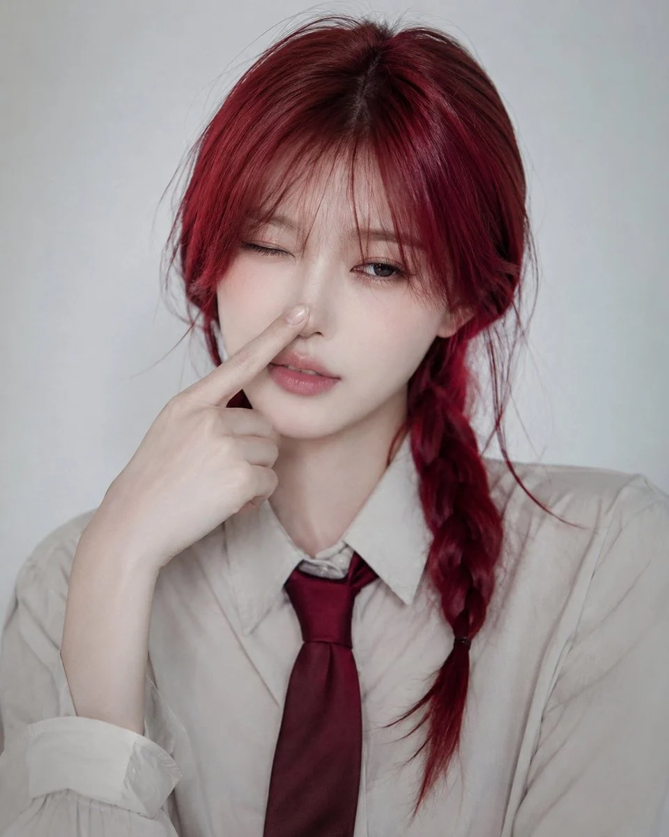 Woman with a crimson braid in a beige shirt and burgundy tie against a studio backdrop