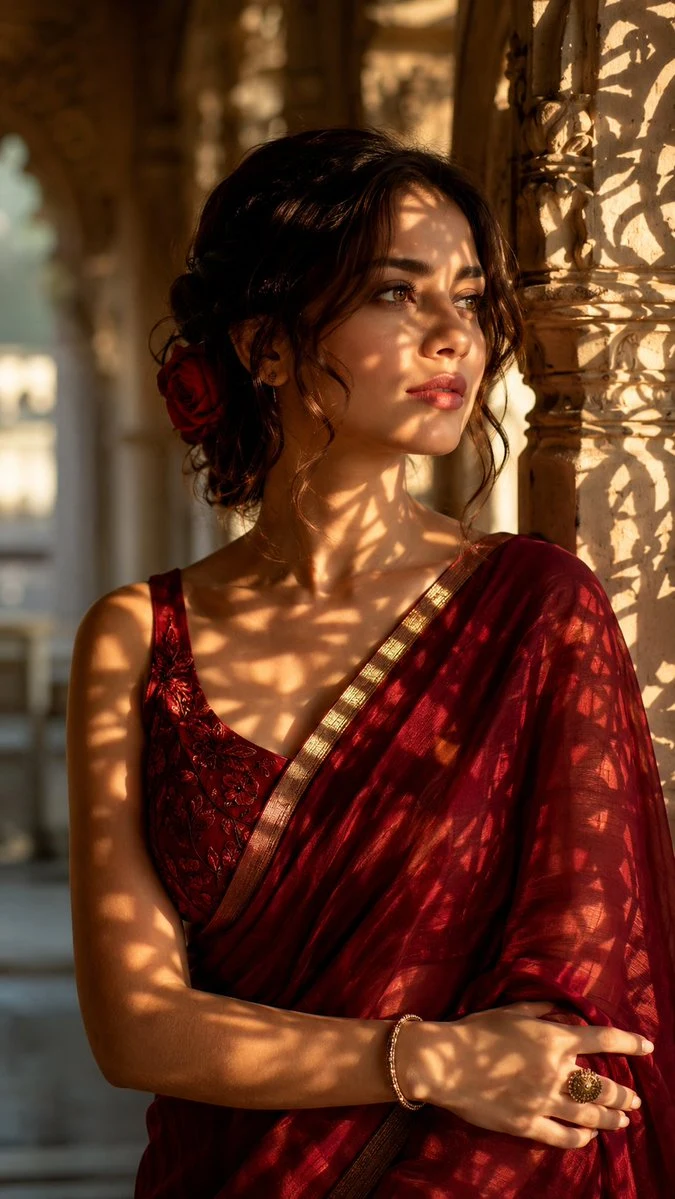 Crimson Silk Saree Palace Portrait ad creative visual