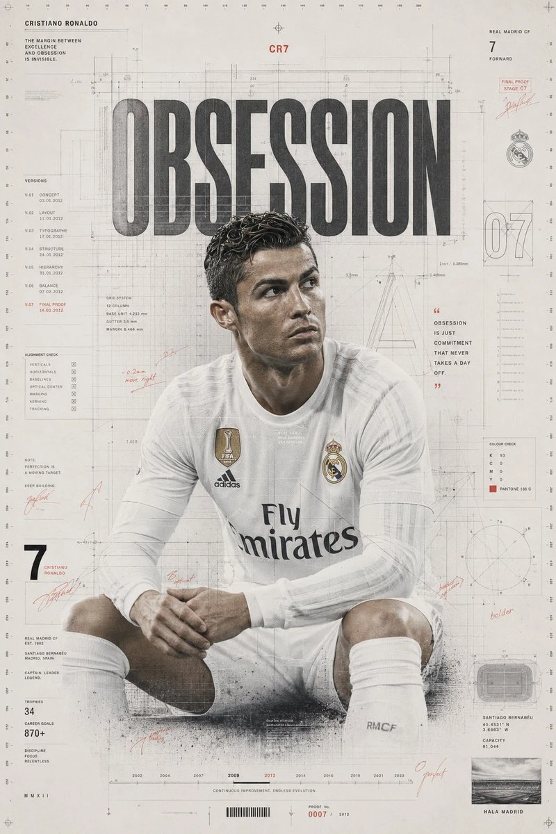 Cristiano Ronaldo collector poster visualizing obsession through elite graphic design, layered typography, and sports identity styling.