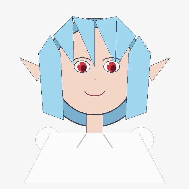 Front-facing anime-style elf girl with blue geometric hair, pointed ears, and a simple smiling expression on a light gray background.