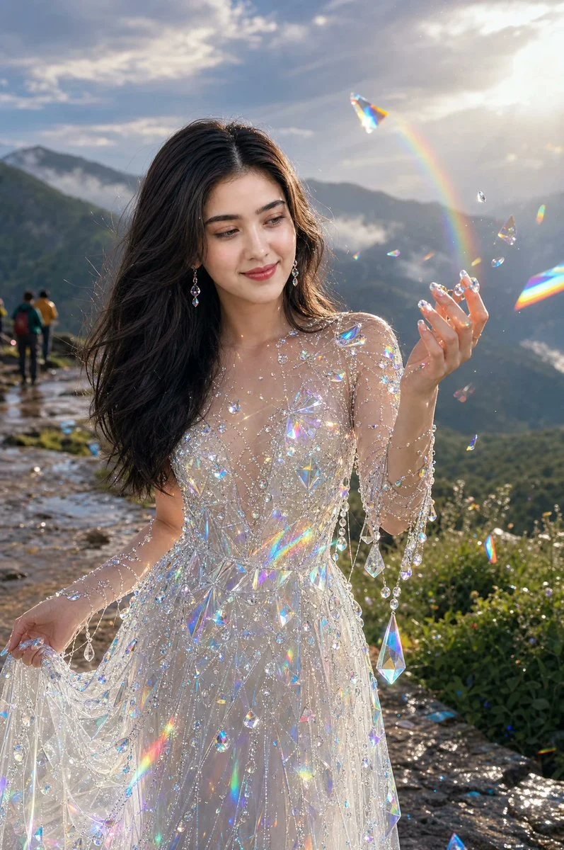 Elegant mountain portrait featuring a woman in a shimmering crystal gown against dramatic alpine scenery.