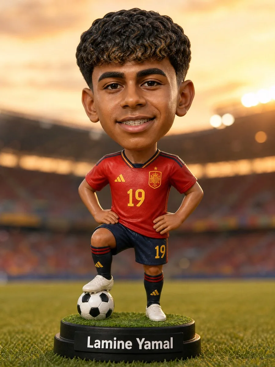Photorealistic custom soccer bobblehead figure on a grass-textured base with stadium bokeh and warm golden-hour lighting
