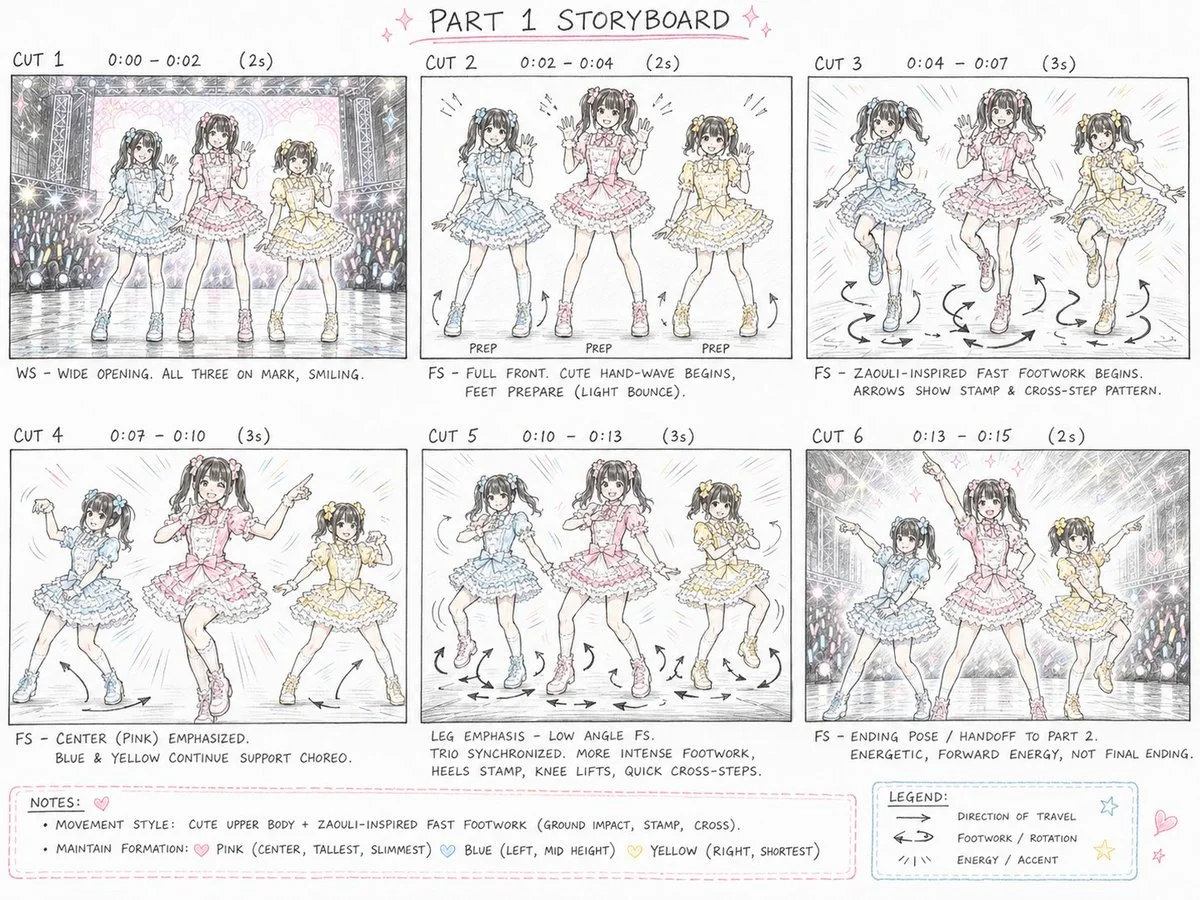 Cute colored-pencil storyboard sheet on white paper with clean panels and hand-drawn planning notes for a visual sequence