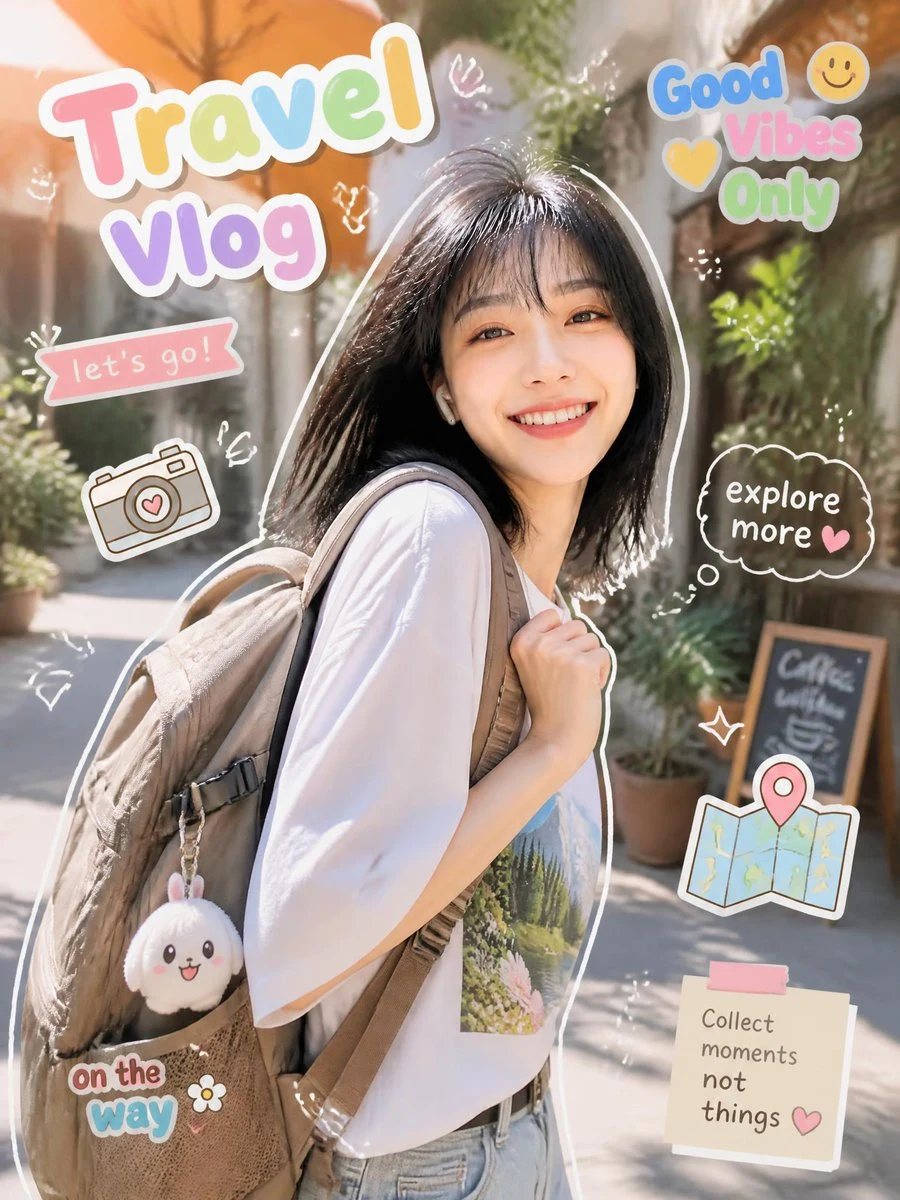 Cute Travel Vlog Thumbnail: social media prompt preview with platform-ready composition and clear design.