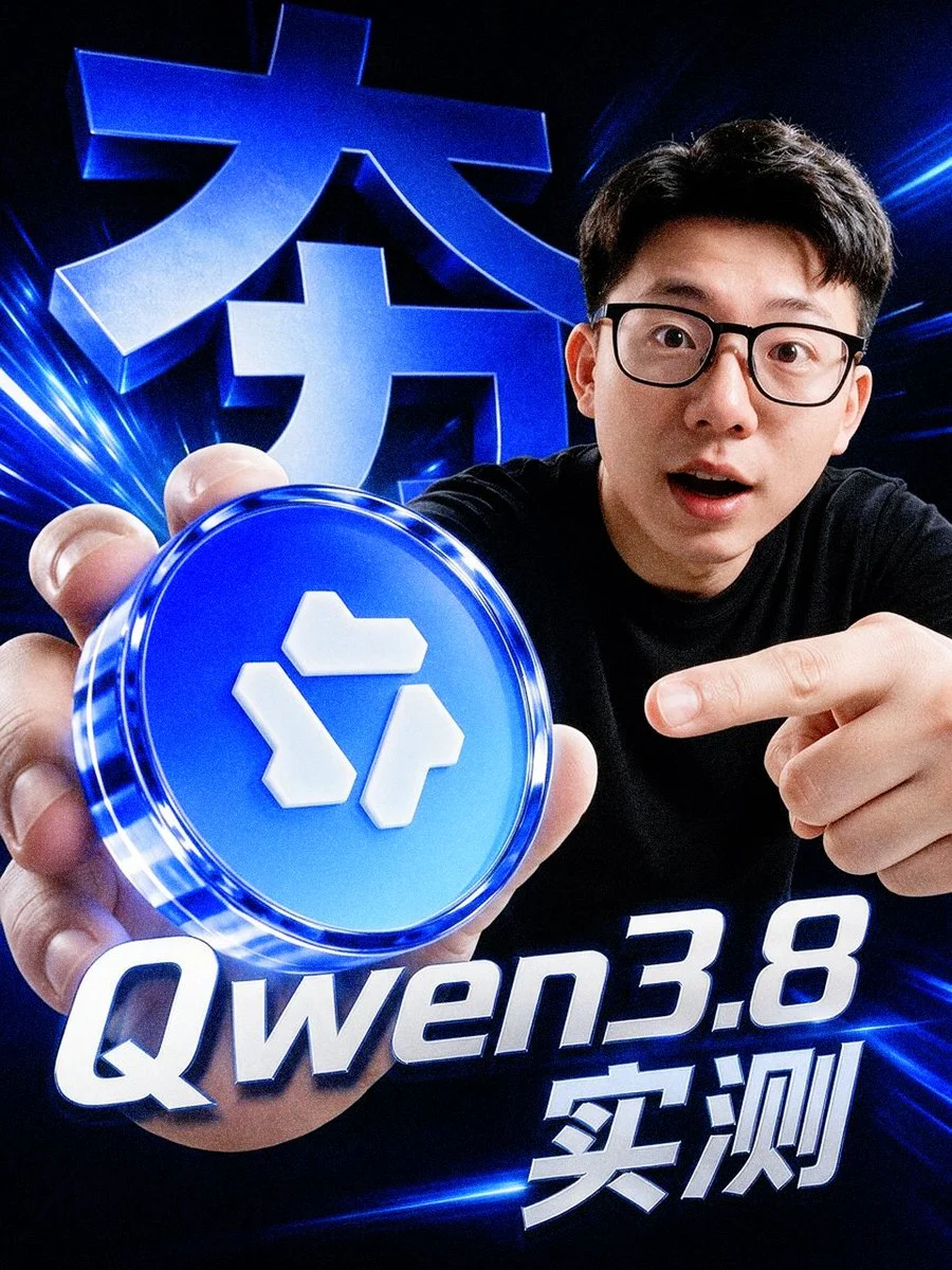Cyber Blue Qwen Tech Review Poster with bold thumbnail composition, strong focal subject and high-contrast visual hook