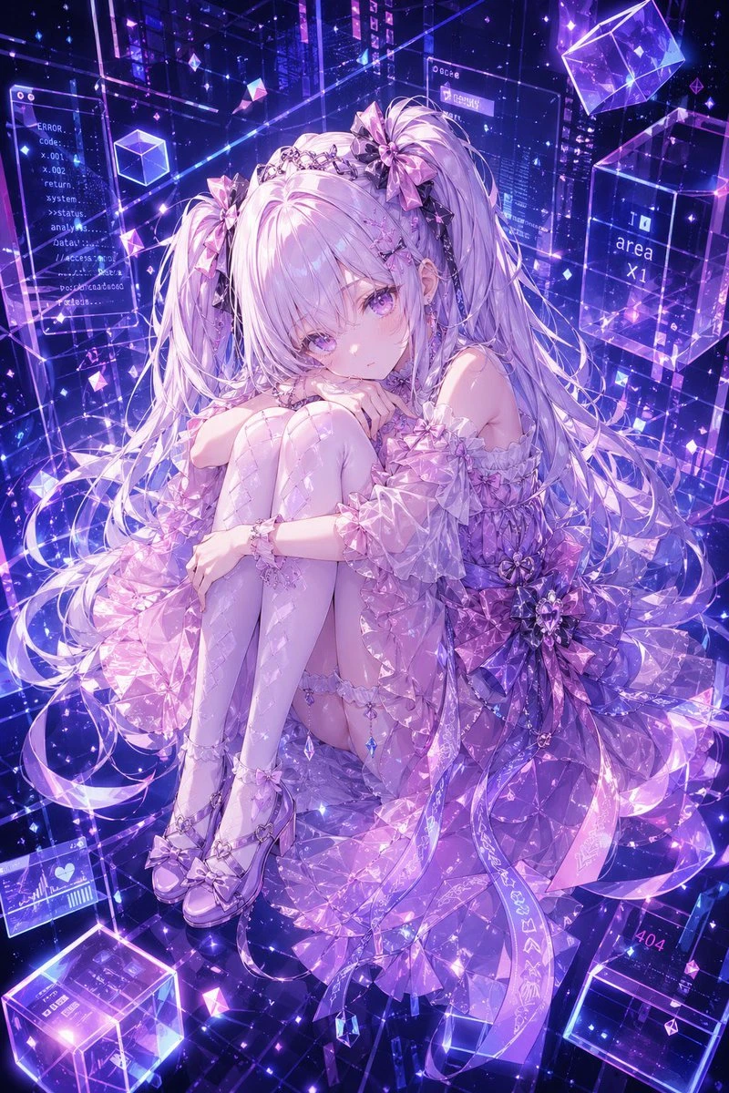 A delicate anime girl with long silver-lilac twin tails sits curled up in a translucent pink and lavender dress, surrounded by a luminous cyber dreamscape