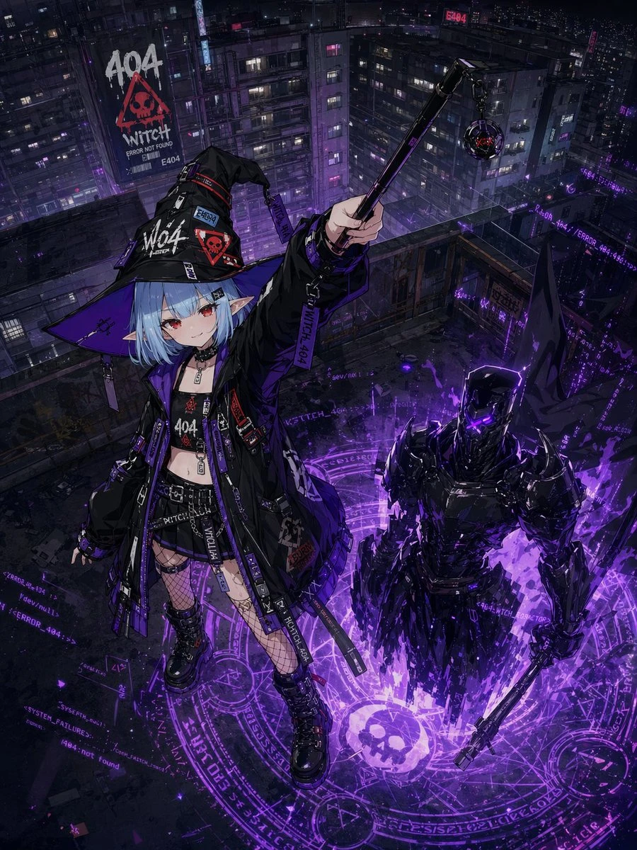 A cyberpunk witch with icy blue hair and glowing red eyes stands on a rooftop, raising a wand above a dark, futuristic cityscape