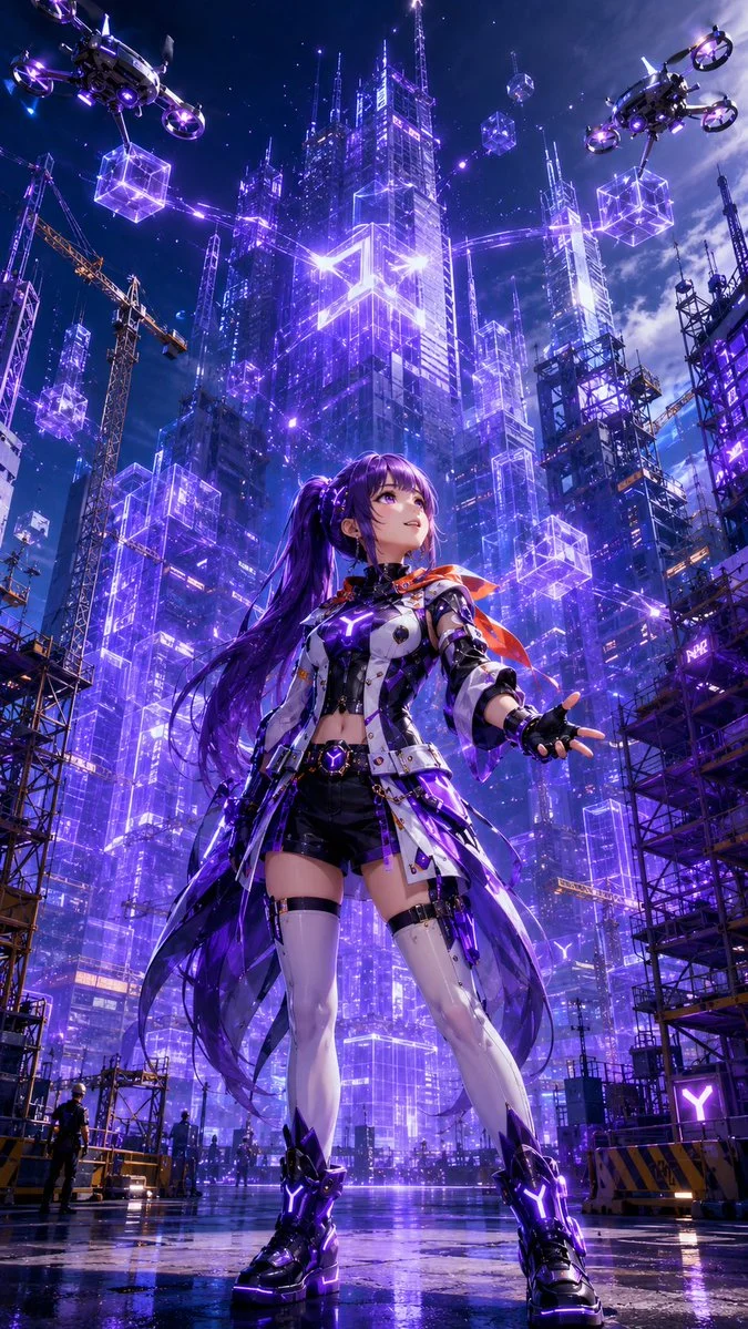 Cyberpunk Anime Heroine Megacity with game-ready character styling, dynamic scene detail and polished concept art presentation