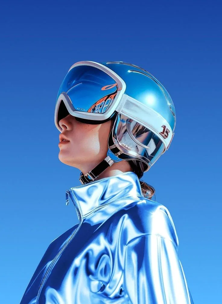 A young woman in a chrome-blue jacket and futuristic helmet poses in side profile against a gradient blue backdrop.