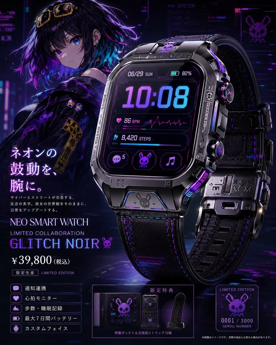 A limited edition smartwatch featuring a cyberpunk design, displayed alongside an anime girl mascot in a futuristic city setting.