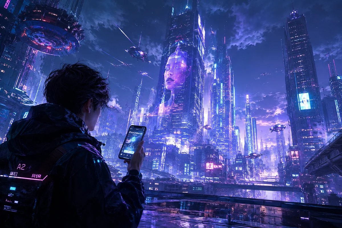 Hacker at a glowing terminal overlooking a vast cyberpunk megacity at night
