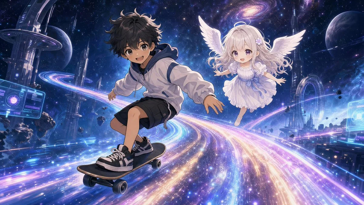 A boy skateboards on a cosmic nebula path, smiling alongside a tiny angel in a vibrant sci-fi space setting.