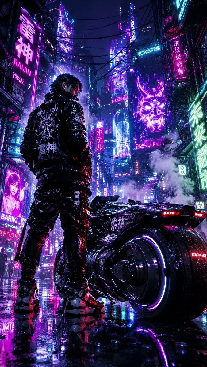 Cyberpunk street racer standing beside a black hoverbike in a neon rain-soaked alley