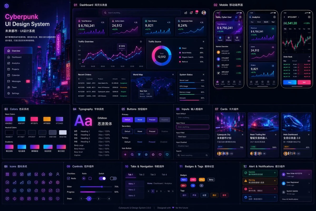 A vibrant cyberpunk UI design system showcases a dark interface with neon colors, featuring dashboards, mobile layouts, and interactive elements
