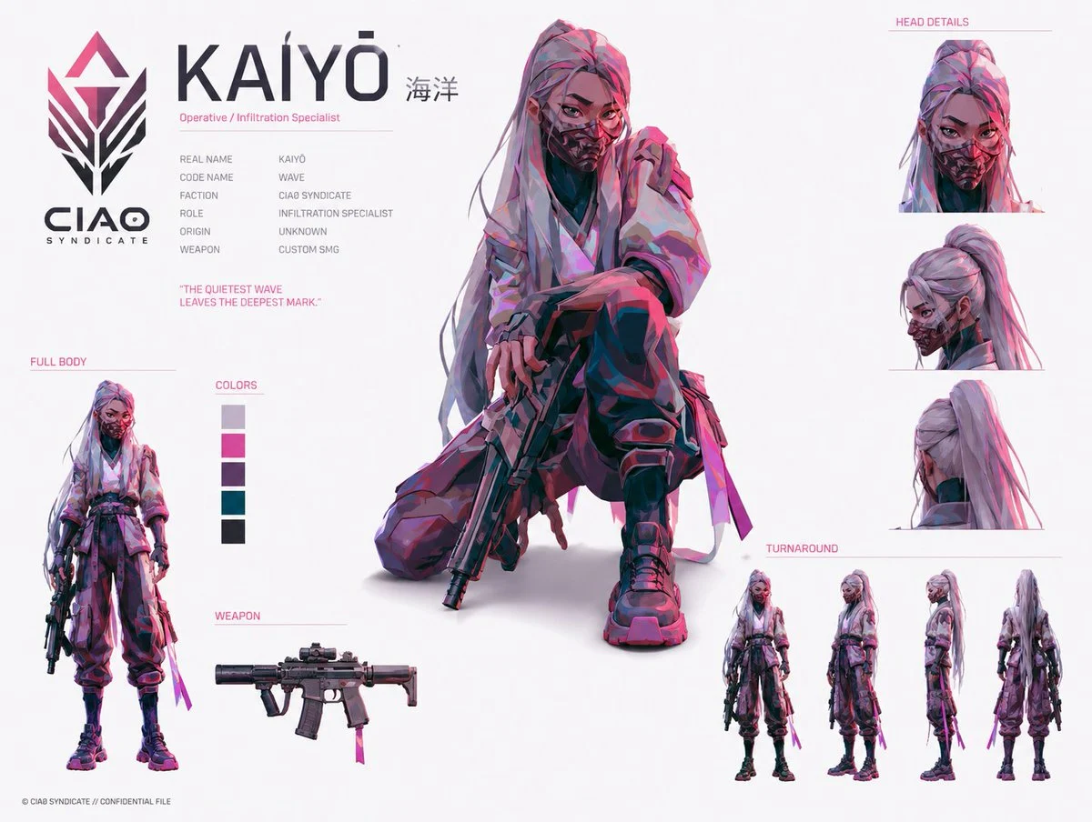 Clean cyberpunk anime operative identity board with dossier text, detail studies, and turnaround views