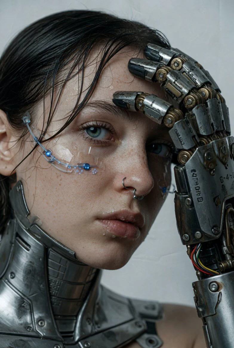 Cinematic close-up portrait of a woman with wet hair, blue-green eyes, cybernetic sensor wire and industrial robotic prosthetic arm
