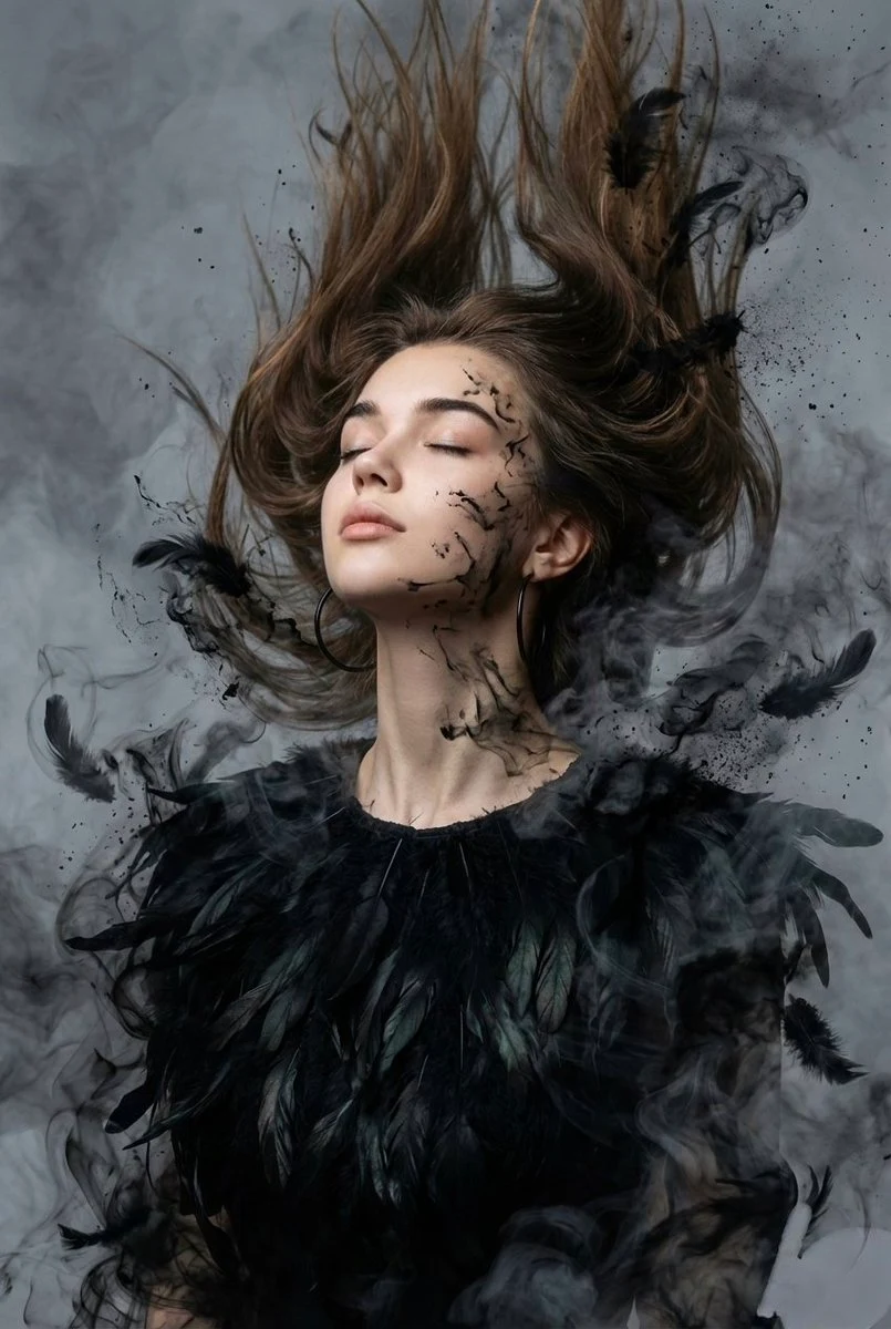 Dark ethereal portrait surrounded by black raven feathers, moody lighting, and gothic fantasy atmosphere.